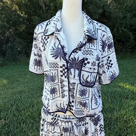 Other Other - Palm Tree Resort Linen Blend Printed Pant Set Women L White Black Vacation